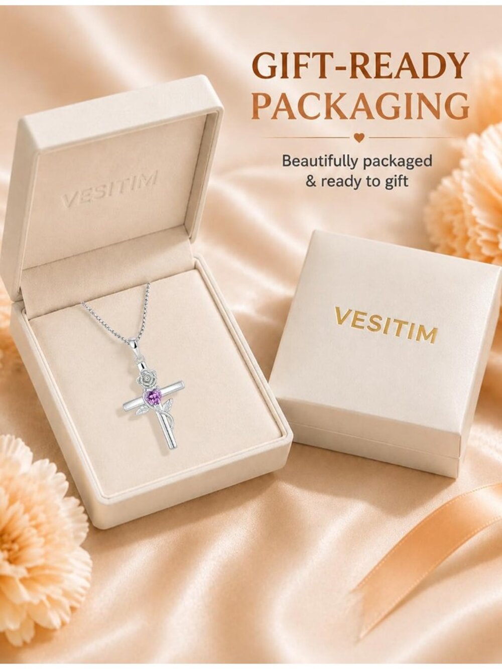 Women’s Purple Sterling Silver Crucifix Flower Cross Birthstone Necklace Jewelry - Picture 5 of 6